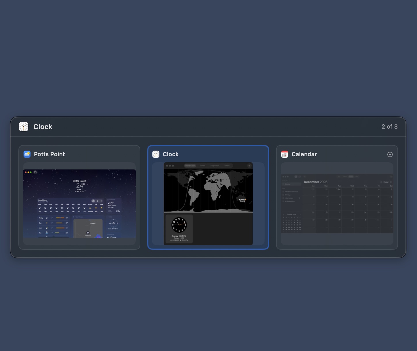 boringBar window switcher showing Weather, Clock, and Calendar window previews with Clock selected