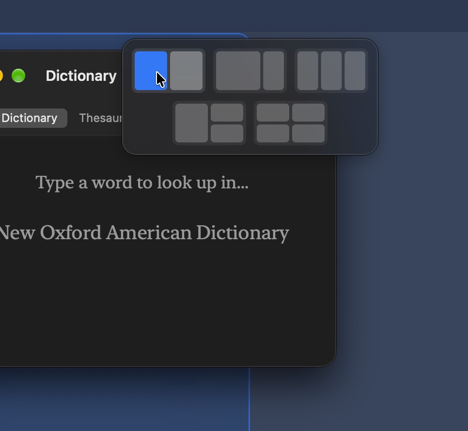boringBar snap layouts menu above a window, with the left half of a two-column layout highlighted